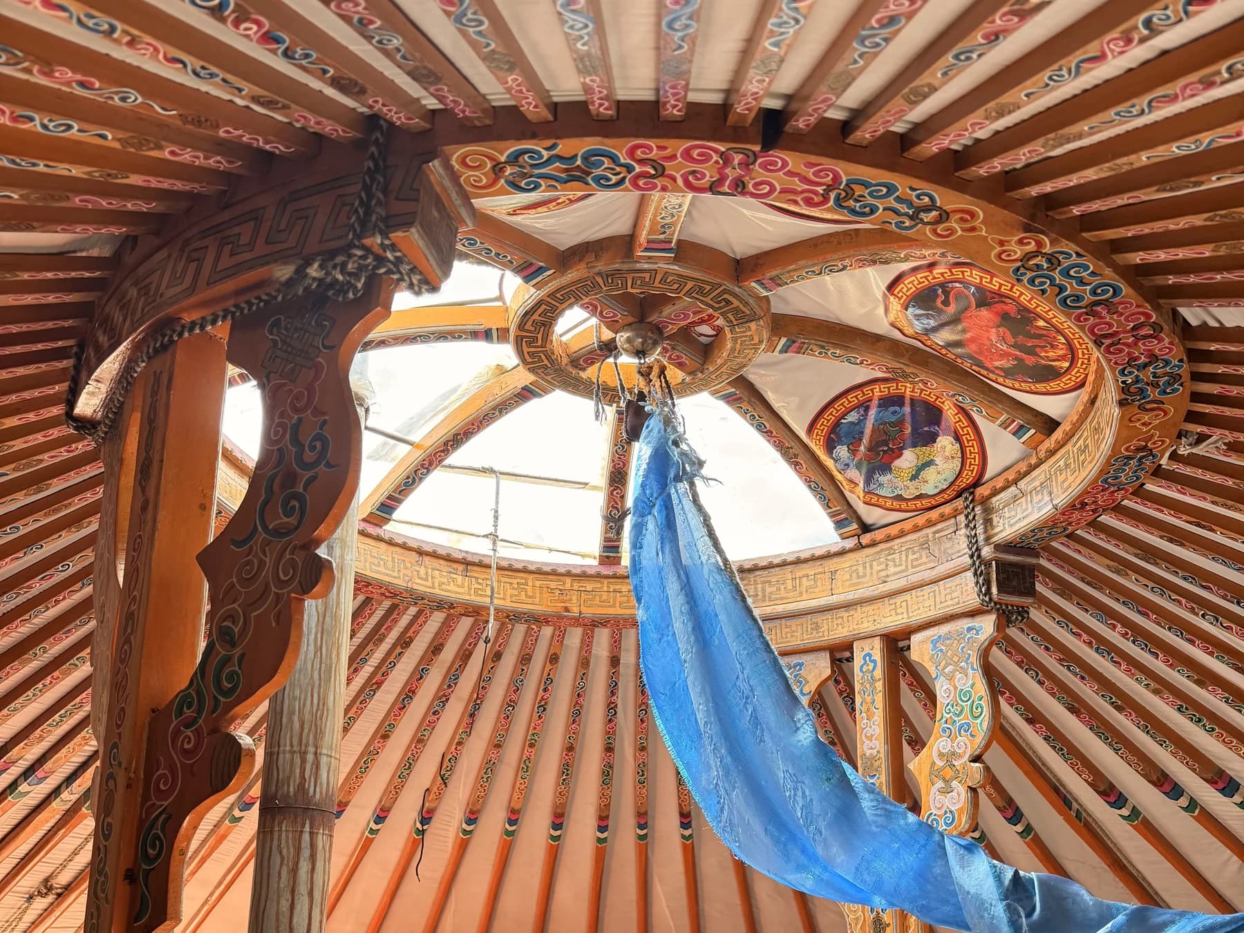 The painted ceiling and central ring inside a Mongolian ger